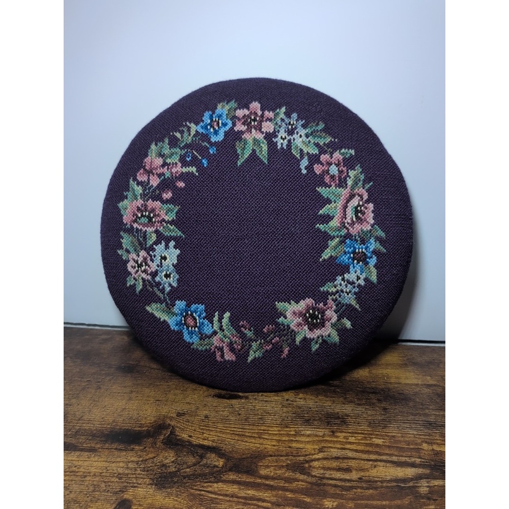 Vintage Floral Needlepoint Cushion For Footstool 13.5 Inches Purple